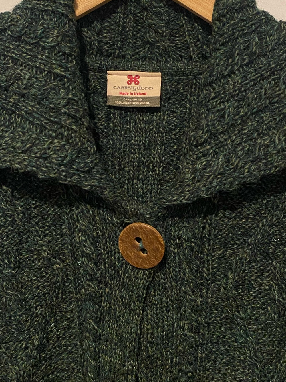 CARRAIGDONN GREEN WOOL CABLE KNIT CARDIGAN WOOL SWEATER MADE IN IRELAND MEDIUM - Picture 5 of 6